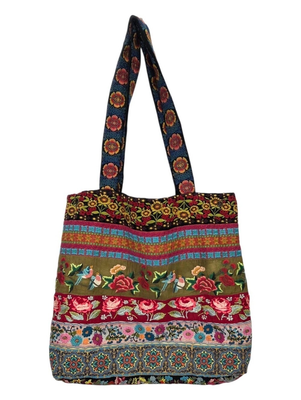 Johnny Was Embroidered Silk Floral Bird Tote Bag Purse - Picture 2 of 13